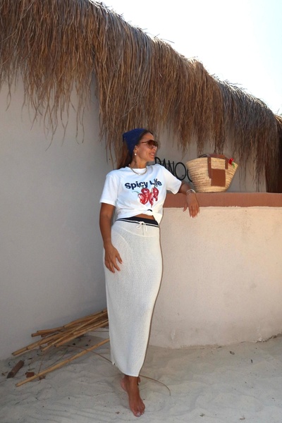 Purple by Banu Ekru Biyeli Bağlama Detay Triko Etek