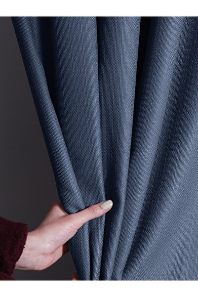 FAVOLLİ İndigo Rengi Pileli Keten Dokulu Fon Perde