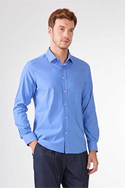 Dufy Koyu Mavi Erkek Slim Fit Düz Klasik Yaka Uzun Kol Gömlek