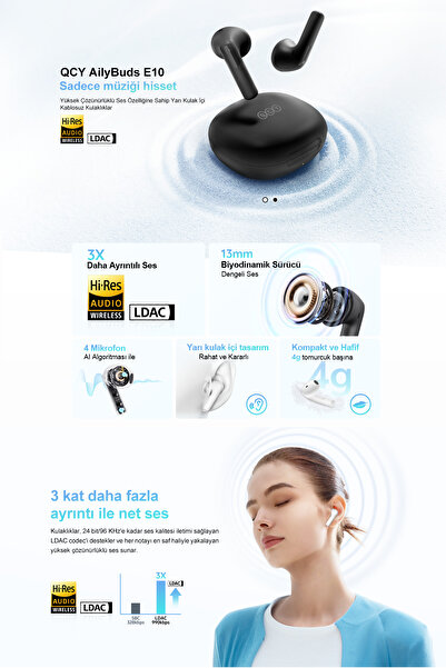 QCY Ailybuds E10 Bluetooth Kulaklık - Hires - Ldac - Çift Cihaz - Oyun Modu 4 Mics Enc Mavi