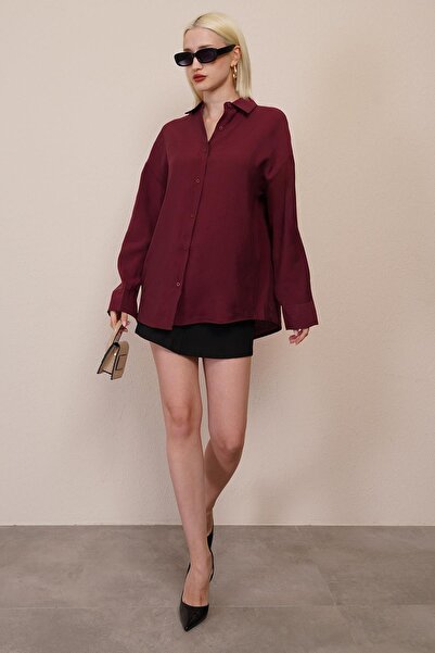 Madmext Bordo Uzun Kollu Oversize Gömlek MG2003