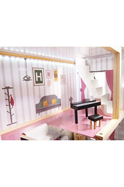 indiggo Dream House Wooden Dollhouse with LED, 3 Levels, 4 Rooms, Furniture and Terrace 78cm