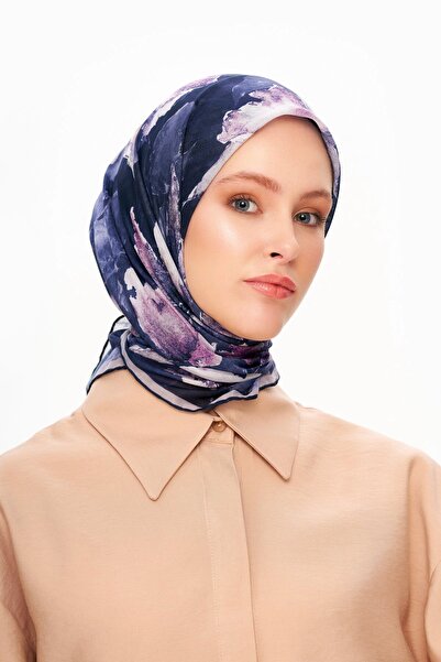 MOISCARF Eșarfă cu model de flori pătrate Fleur d’Ombre, albastru închis