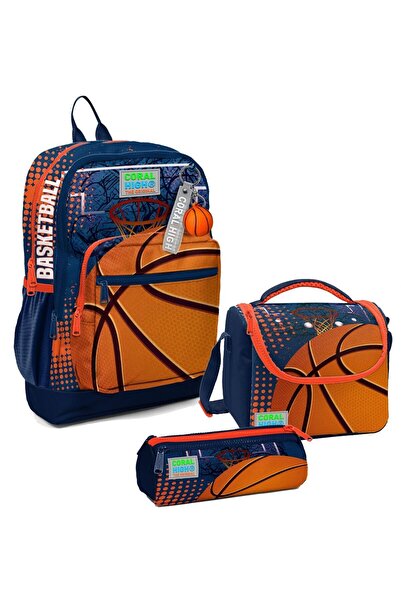 Coral High Erkek Çocuk Üçlü İlkokul Okul Çanta Seti - Turuncu Lacivert Basketbol