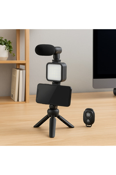 barste Kit Vlogging smartphone cu trepied, microfon, panou LED, Bluetooth, YouTube/TikTok