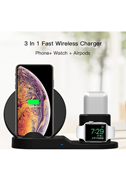 barste Incarcator wireless 3 in 1 Fast Charge, telefon, smartwatch si casti