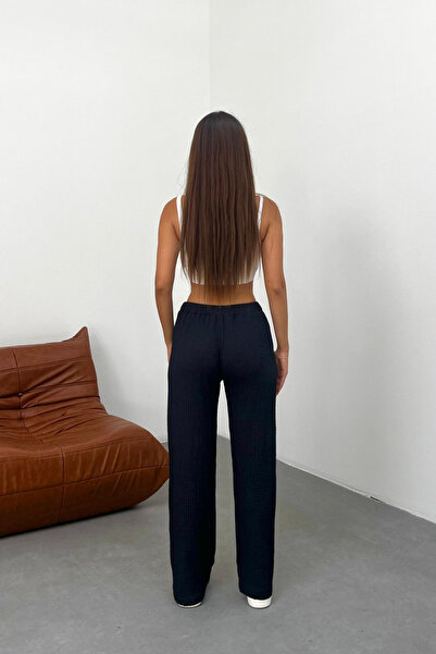 BİKELİFE Women's High Waist Wrinkled Detailed Seersucker Fabric Full Lycra/Flexible Trousers