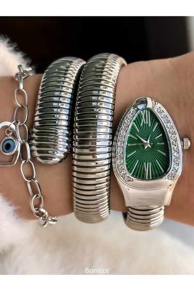 Bonicce Silver Lanyard in Gift Box,Green Dial,Snake Watch+Heart Bracelet