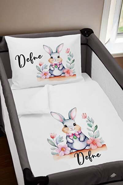 Homamia İsme Özel 75x120 Park Yatak Beşik Nevresim Takımı Sevimli Tavşan