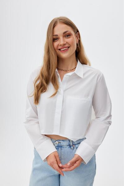 LUOKK RUTH %100 Organik Pamuk Büyük Beden Crop Poplin Gömlek Beyaz