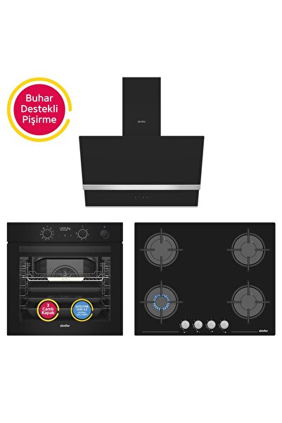 Simfer 11 Fonksiyon Steam Master Siyah 3'lü Ankastre Set ( Fırın + Ocak + Davlumbaz)