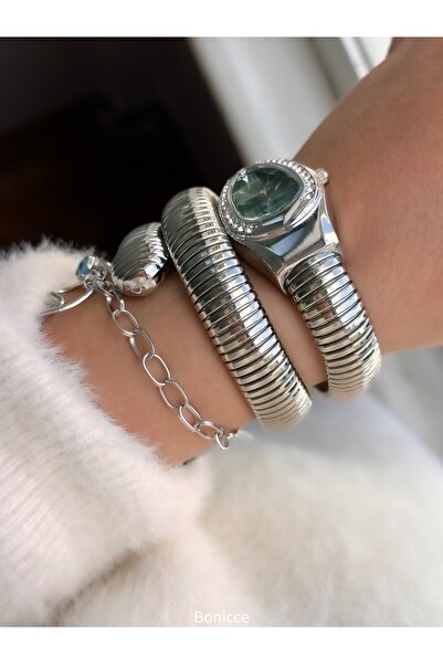 Bonicce Heart Bracelet with Green Dial and Snake Watch - Stones Silver Band