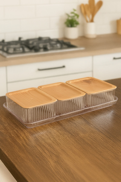 Kitchen Life Set de 4 bucăți pentru mic dejun, cu aspect de bambus, cu tavă, bol pentru gem, bol pentru gustări - Set de boluri pentru mic dejun