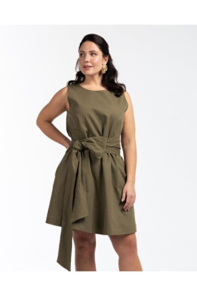 LUOKK FLOWY Yuvarlak Yaka Pamuklu Büyük Beden Mini Keten Elbise Haki