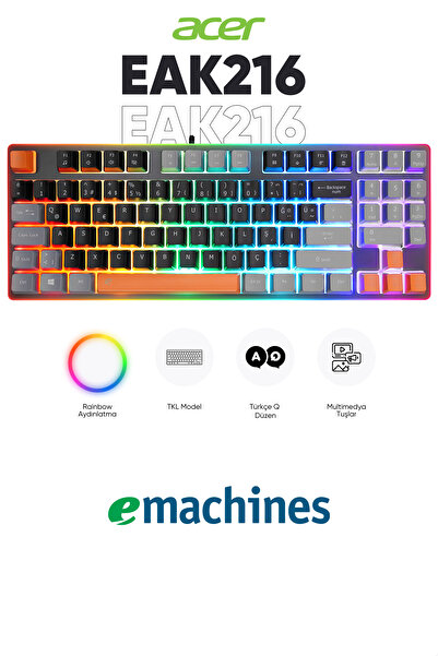 ACER eMachines EAK216 Oyuncu Klavyesi Tkl Klavye Rainbow Aydınlatmalı Membran Gaming Klavye Q SİYAH