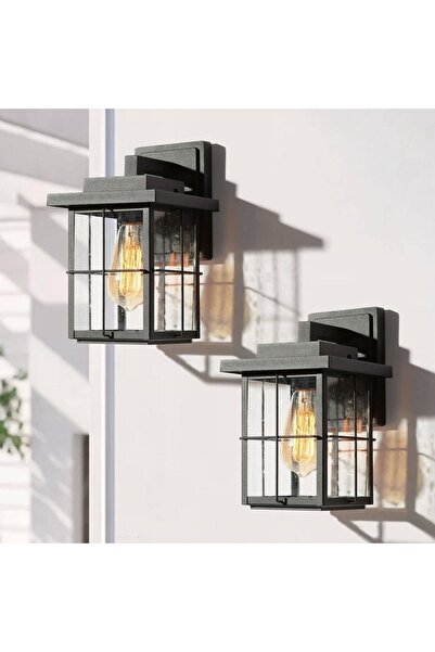 Metal Dekor Ankara Dış Mekan Duvar Aplik-Tel Detaylı L Kollu Camlı Bahçe Apliği Tekstüre Siyah