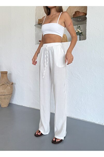 COMBİNE MİCHAİL Γυναικείο λευκό λινό παντελόνι καλοκαιρινό άνετο