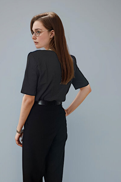 poupee Anthracite Padded T-shirt - Round Neck, Short Sleeve, Knitted T-shirt