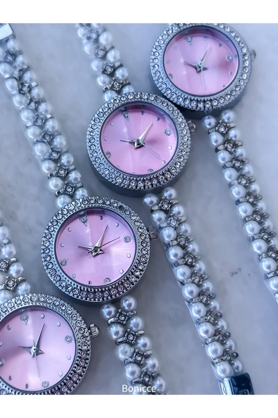 Bonicce ساعة يد نسائية بتصميم ريترو، علبة فضية وردية بسيطة، مزينة باللؤلؤ، في...