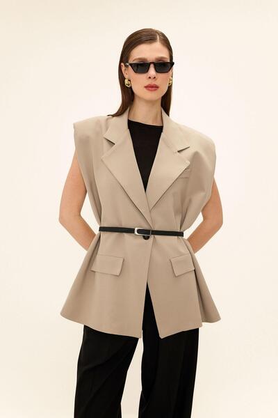 Olcay Belt Detailed Oversize Vest Stone 8261