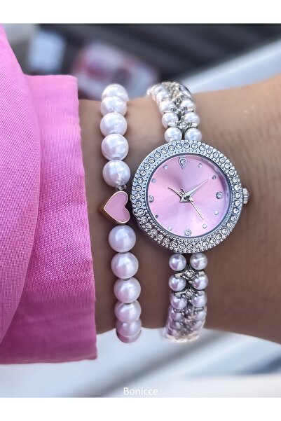 Bonicce Brand Silver Color, Pink Dial, Retro Vintage Minimal Case Women's Wristwatch Gift