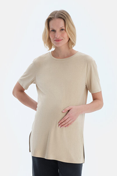 Dagi Milky Brown Crew Neck Modal Maternity T-Shirt