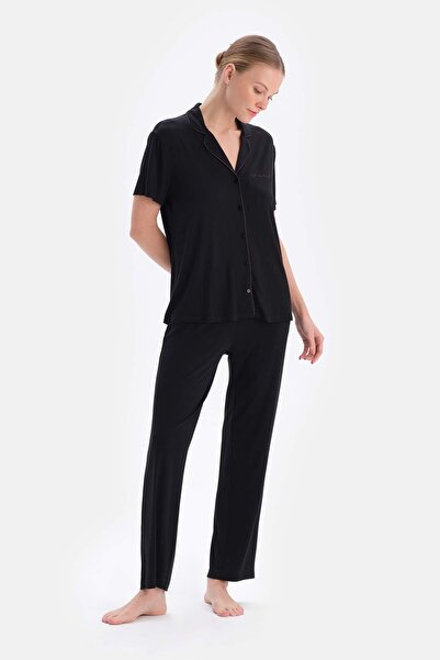 Dagi Black Embroidery Detailed Viscose Shirt Pants Pajama Set