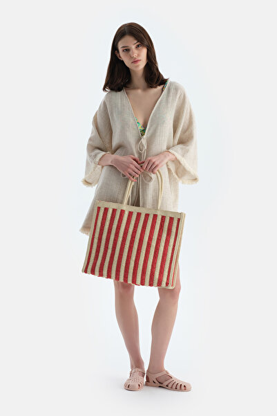 Dagi Ecru-Red Women's Stripe Patterned Straw Beach Bag