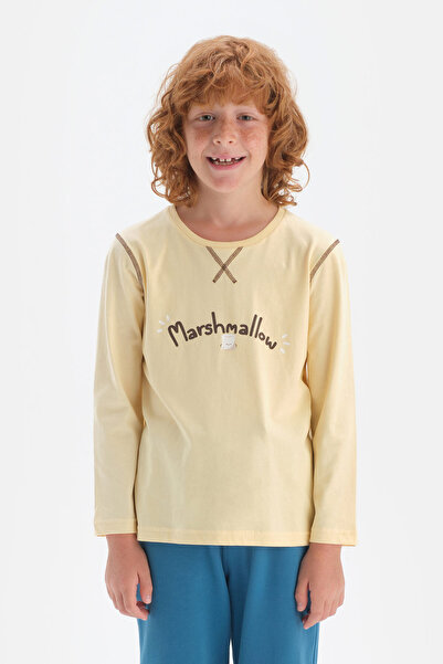 Dagi Light Yellow Boys' Long Sleeve Crew Neck Cotton T-Shirt