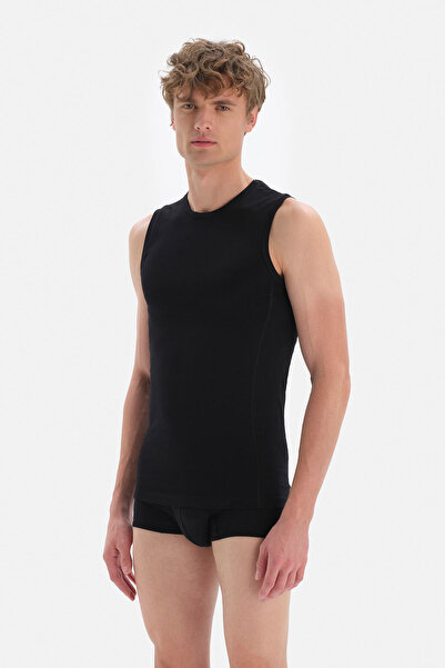 Dagi Černé pánské tílko z česané bavlny s výstřihem a bez rukávů