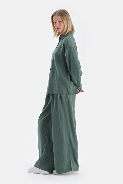 Dagi Green Long Sleeve Linen Lyocell Blend Woven Shirt