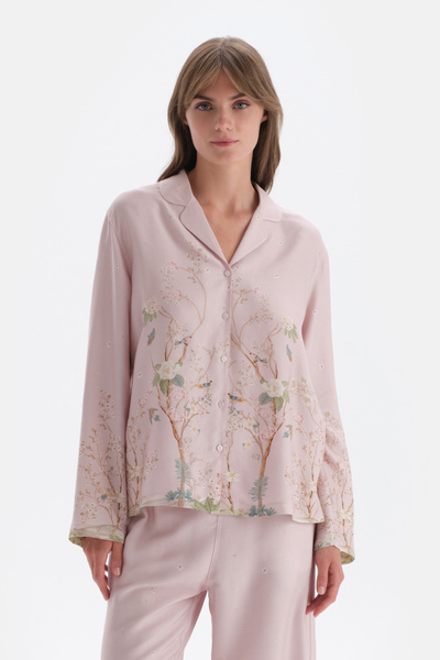 Dagi Açık Lila Metraj Baskılı Saten Gömlek Pijama Üstü