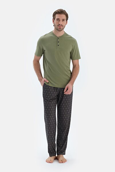 Dagi Σετ πιτζάμες με κοντομάνικο μπλουζάκι με μισό μπλουζάκι με λαδί πράσινο