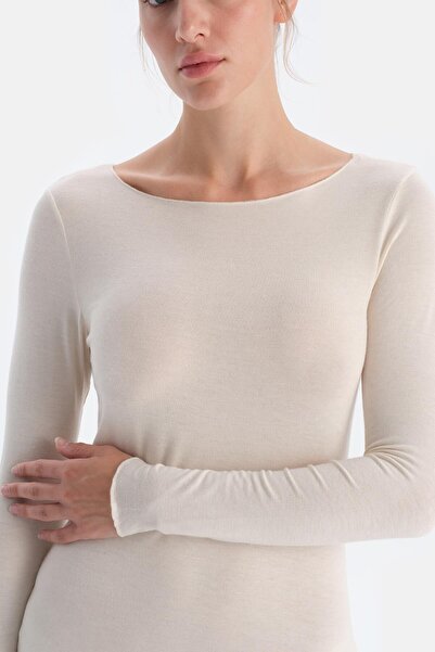 Dagi Ecru Modal Cashmere Boat Neck Long Sleeve Top