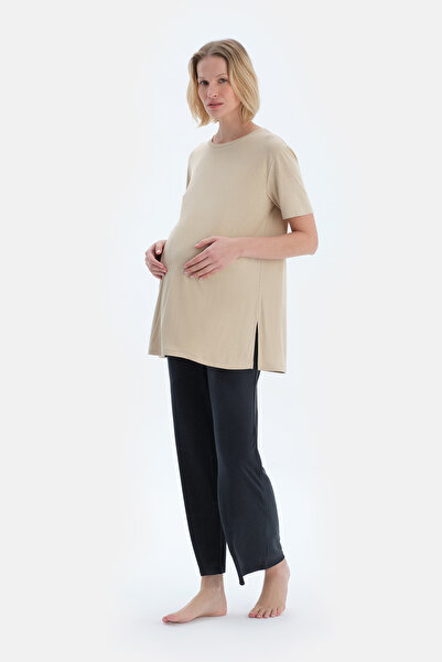 Dagi Milky Brown Crew Neck Modal Maternity T-Shirt