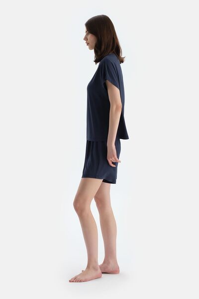 Dagi Navy Blue Off Shoulder Short Sleeve Viscose T-Shirt Shorts Pajama Set