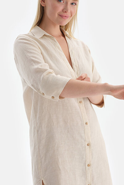 Dagi Ecru Shirt Collar Long Linen Shirt Pareo