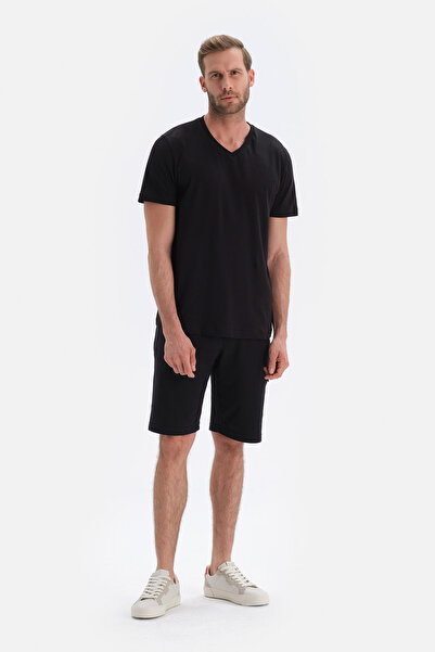 Dagi Μαύρο κοντομάνικο βαμβακερό μπλουζάκι Interlock με V λαιμόκοψη