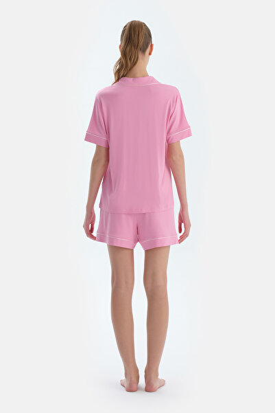 Dagi Pembe Biye Ve Nakış Detaylı Viskon Gömlek Şort Pijama Takımı
