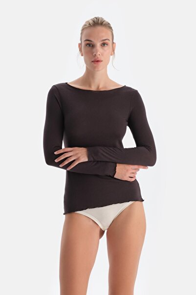 Dagi Dark Brown Modal Cashmere Boat Neck Long Sleeve Top