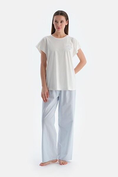 Dagi Σετ πιτζάμες με μπλουζάκι με λεπτομέρεια σε ανοιχτό λευκό χρώμα