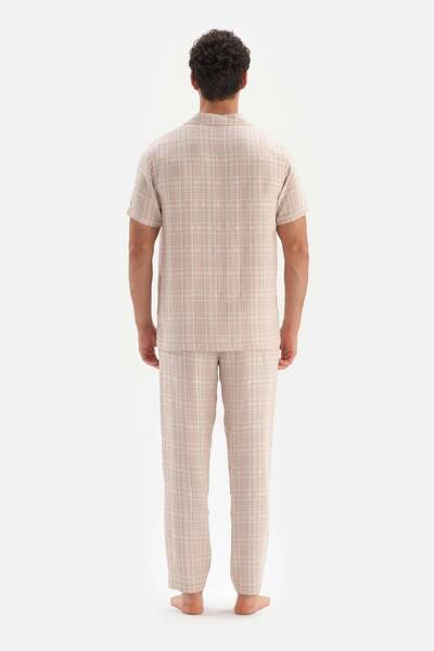Dagi Beige Shirt Collar Plaid Woven Pajama Set
