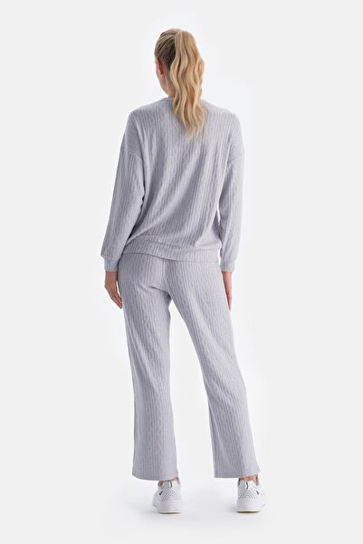 Dagi Gray Knit Detailed Crew Neck Sweatshirt