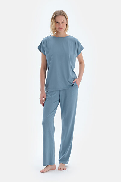 Dagi Σετ πιτζάμα παντελόνι μπλε με χαμηλό μανίκι Basic T-Shirt