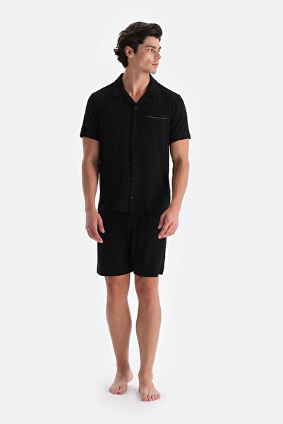 Dagi Shirt Collar Black Shorts Pajama Set