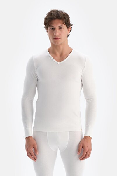 Dagi Ecru V-Neck Long Sleeve Men's Thermal Underwear Single Top