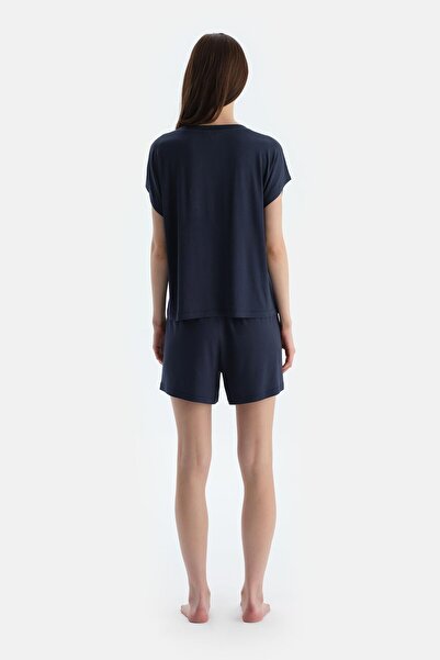 Dagi Navy Blue Off Shoulder Short Sleeve Viscose T-Shirt Shorts Pajama Set