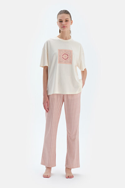 Dagi Ecru Print Detailed Short Sleeve T-Shirt Pants Pajama Set
