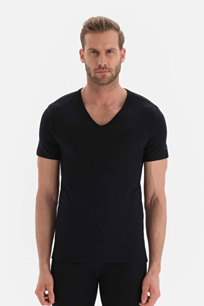 Dagi Black V-Neck Short Sleeve Men's Thermal Underwear Single Top