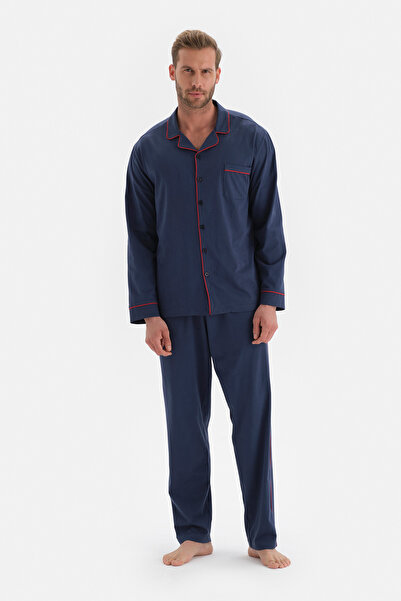 Dagi Navy Blue Shirt Collar Long Sleeve Long Leg Knitted Pajama Set
